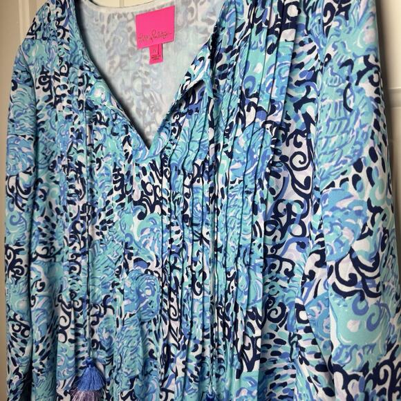 Lilly Pulitzer Marilina Tunic Dress Blue Light Aqua Shell Resortwear Beach XL - Picture 6 of 12